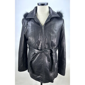 Wilda Women 3/4 Long Leather Jacket Zip-Out Lining with Zip-Out Hoodie & Belt XL
